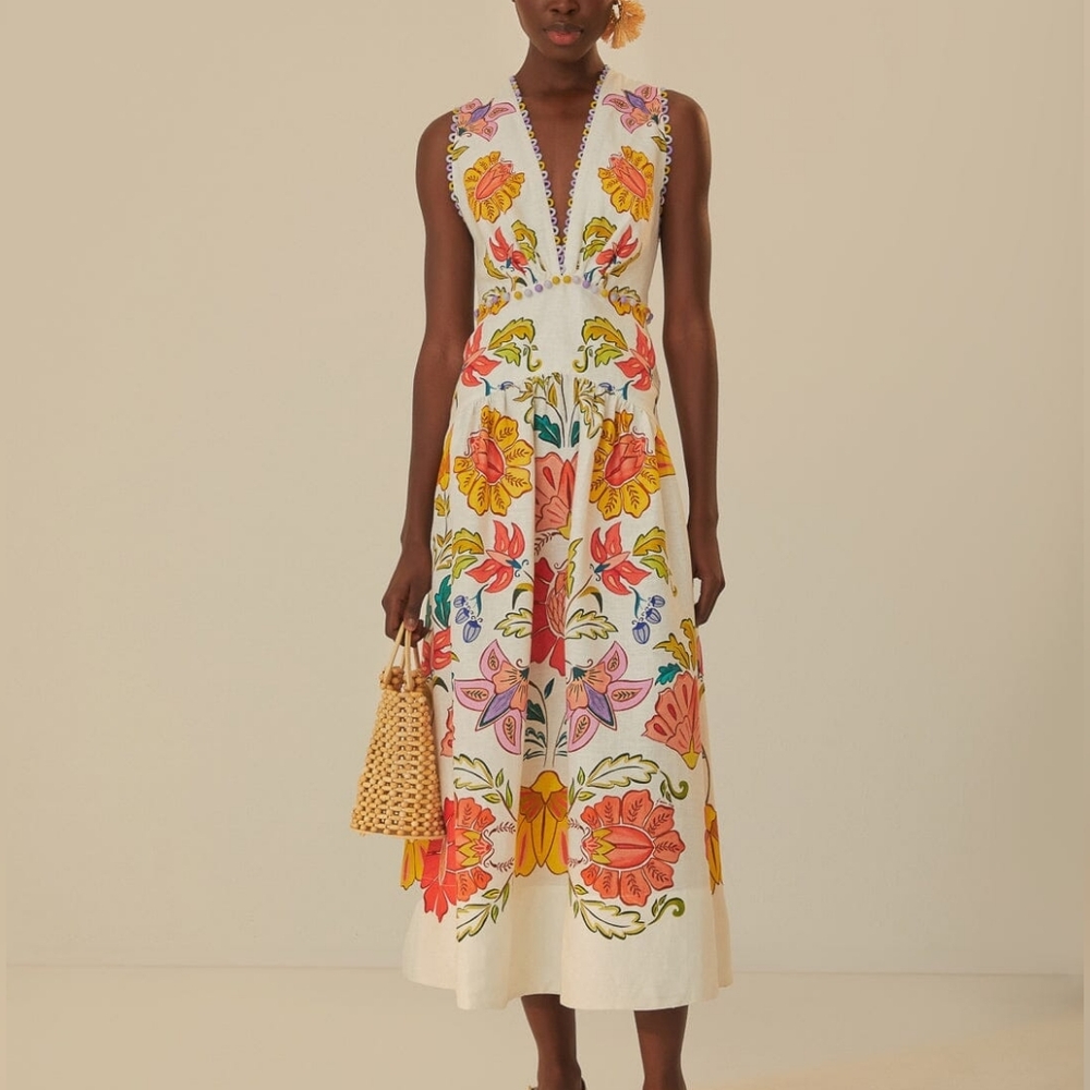 FARM RIO, SMALL, Off-White Floral Insects Euroflax™ Premium Linen Maxi Dress